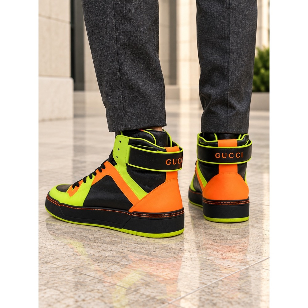 Gucci Neon Yellow Orange Black Leather High Top Sneakers 386738 Size 8.5G